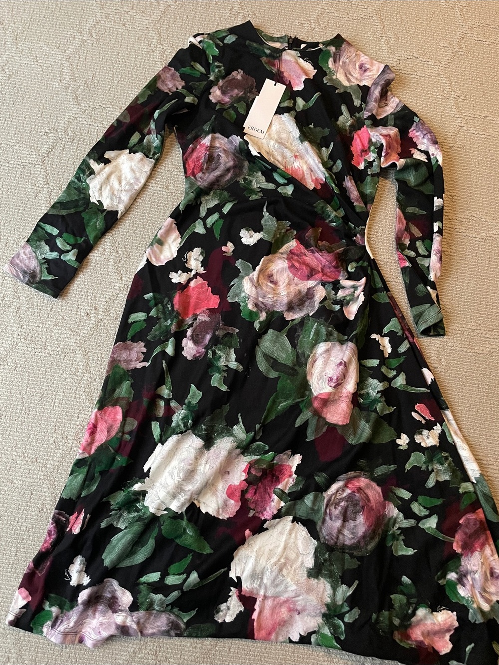 ERDEM Black Floral Long-Sleeve Midi Dress with Pink & Green Blooms